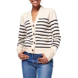 Faherty Coast Stripe Organic Cotton & Cashmere‎ Cardigan Cream Black Stripes